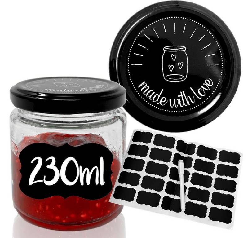mixed24 Marmeladenglas 25x 230ml Marmeladengläser Einmachgläser made with love, inkl. wiederverwendbaren Etiketten & abwischbarem Stift von mixed24