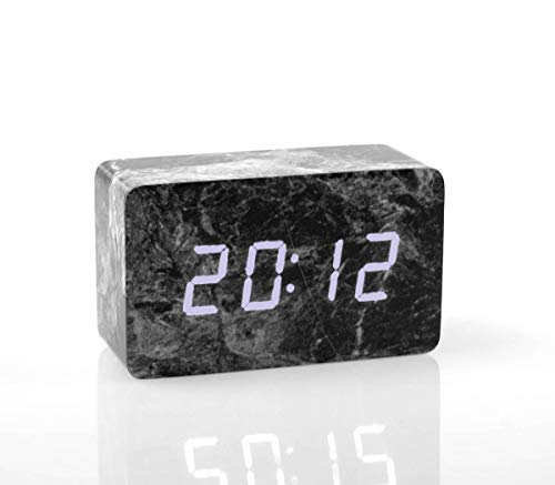 mixed24 Marmor Schwarz LED Wecker Digital Alarmwecker Uhr Beleuchtet Alarm Akustiksensor von mixed24