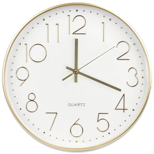mixed24 Wanduhr Gold Weiß 30cm rund ohne Tickgeräusche Minimalistisch Modern Leicht zu lesen Uhr Analog von mixed24