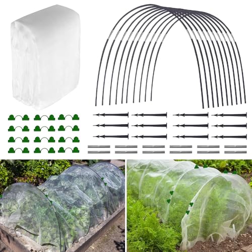mizikuu Pflanztunnel Bögen, 18 PCS Folientunnel für Hochbeet 2.5 x 6m Insektenschutznetz Gewächshausreifen Fiberglas Stützrahmen Gewächshaus Tunnel Gartentunnel Reifen Pflanzentunnel Tunnelbögen Hoops von mizikuu