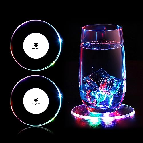 mizikuu 2er-Se Bunt LED Untersetzer, ON/Off Taste Getränke Untersetzer Set Leuchtende Untersetzer Acryl Rund wasserdichte Leuchtuntersetzer für Gläser Flaschen Partys Hochzeiten Bar Weihnachten von mizikuu