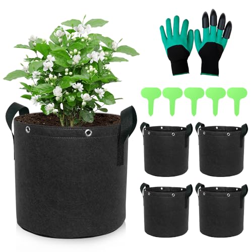 mizikuu 5 Stück 25 L Pflanzsack, Pflanze Wachsende Tasche Kartoffel Pflanztasche mit 5 Pflanzen-Tags und 1 Paar Handschuhe Pflanzbeutel Vliesstoff Stofftopf für Bepflanzung für Gemüse Blumen Früchte von mizikuu