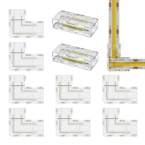 mizikuu COB LED Stecker, 8 Stück 2Pin 8mm L-Typ LED Streifen Verbinder und 2 Stück Transparente Mittelverbinder Lückenloser Lötfreier Stecker für 2Pin 8mm COB LED Streifen von mizikuu