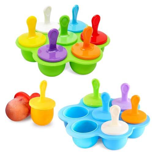 mizikuu Eisformen Silikon, 2 Satz 7 Mulden Eisform mit Bunten Kunststoffstäbchen BPA Frei Mini Eisförmchen Stieleisformer Popsicle Formen Kinder zum Einfrieren Obst oder Joghurt, Blau Und Grün von mizikuu