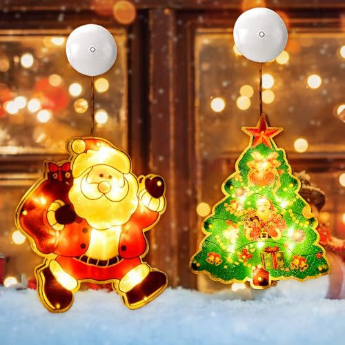 mizikuu Fenster Weihnachtsbeleuchtung, Bunt LED Saugnapf Weihnachten Lichter 3D Hängende Fensterlicht Batteriebetriebene Weihnachtsdeko Kinder für Innen Außen Weihnachtsfeier Party Dekorative von mizikuu