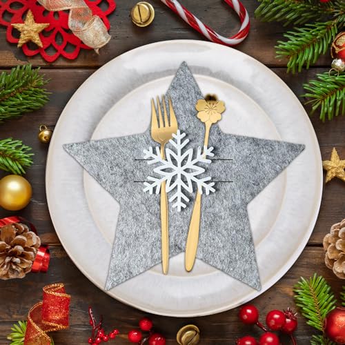 mizikuu Weihnachten Bestecktasche, 12 Stück Besteckhalter Weihnachten Filz Stern Besteckbeutel Schneeflocken Bestecktaschen Tischdeko, Gabeln Löffel Besteck Halter Weihnachtsdeko, Grau von mizikuu
