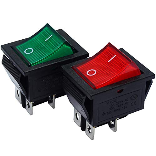 mmtrade | 2x Kippschalter rot/grün beleuchtet 230V, ON-OFF/EIN-AUS Wippschalter beleuchtet, DPST, Einbauschalter einrastbar mit Selbsthemmung, 20A/125VAC, 15A/250VAC von mmtrade