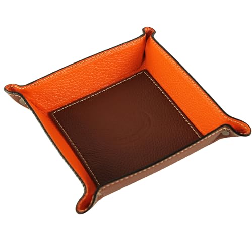modamoda de - K01 - Dekoschale Taschenleerer Ablage aus Echtleder 16x16x4 cm, Farbe:Schokobraun/Orange von modamoda de