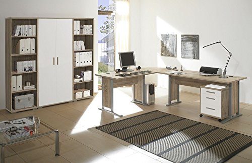 moebel-dich-auf Arbeitszimmer komplett Set Büro Büromöbel Office Line in Eiche Sonoma/Weiss Glanz 7-teilig von moebel-dich-auf