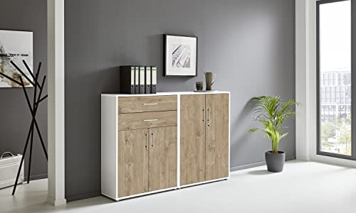 Schrankwand TABOR 12 Büroregal Aktenschrank Büroschrank abschließbar in diversen Farbvarianten (weiß/Gold Harbor Oak) von moebel-dich-auf
