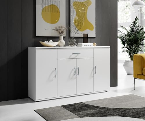 moebel-dich-auf Sideboard Kommode Anrichte Mehrzweckschrank Highboard Schrank Lilly 13 in weiß matt mit 4 Türen, 1 Schubkasten und 3 Regalböden, 117 cm breit von moebel-dich-auf