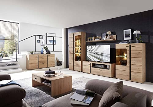 Wohnwand Santos in Altesche massiv gebürstet, Old Artisan Oak Nb. Absetzung in schwarz matt Wohnzimmerschrank inkl. LED-Beleuchtung in verschiedenen Varianten (Wohnwand + Couchtisch) von moebel-dich-auf