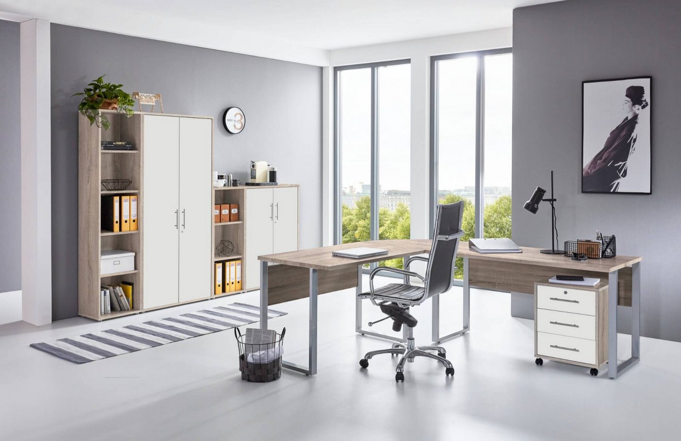 moebel-dich-auf Büromöbel-Set OFFICE EDITION, (abschließbar, 6-tlg., Set 4 + Winkelschreibtisch + Rollcontainer + Aktenschränke), abschließbare Büroschränke von moebel-dich-auf