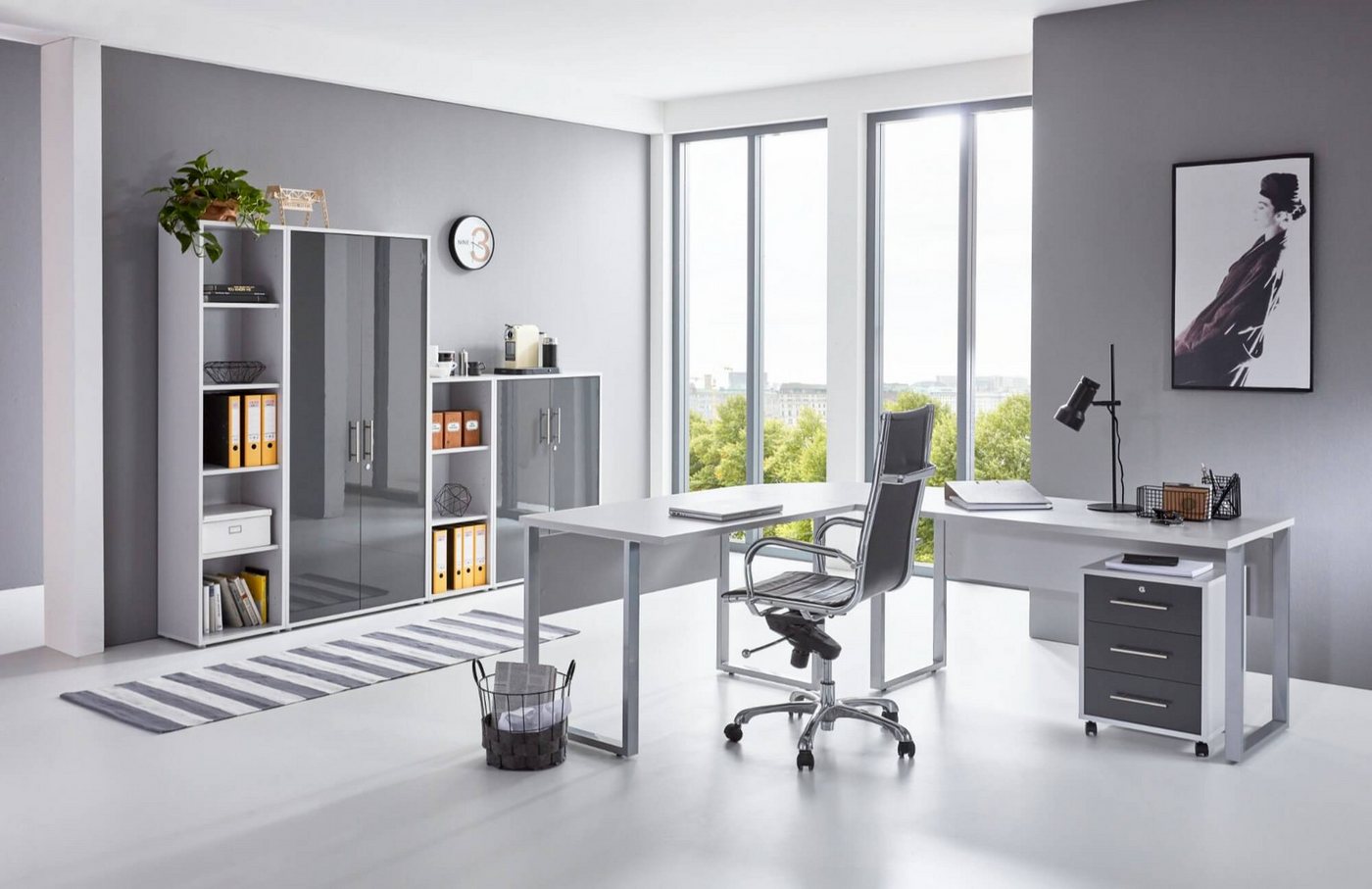 moebel-dich-auf Büromöbel-Set OFFICE EDITION, (abschließbar, 6-tlg., Set 4 + Winkelschreibtisch + Rollcontainer + Aktenschränke), abschließbare Büroschränke von moebel-dich-auf