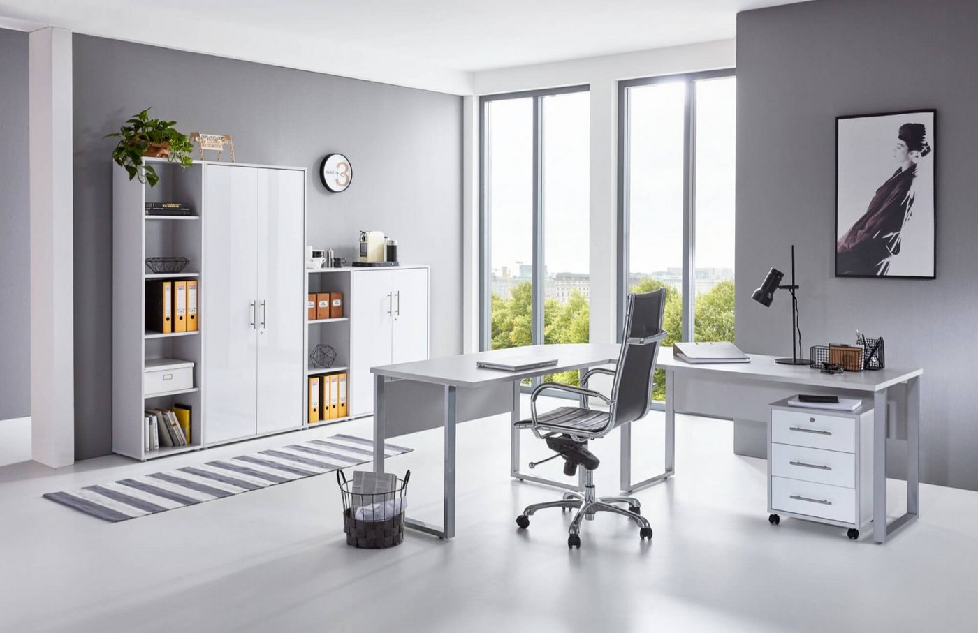 moebel-dich-auf Büromöbel-Set OFFICE EDITION, (abschließbar, 6-tlg., Set 4 + Winkelschreibtisch + Rollcontainer + Aktenschränke), abschließbare Büroschränke von moebel-dich-auf