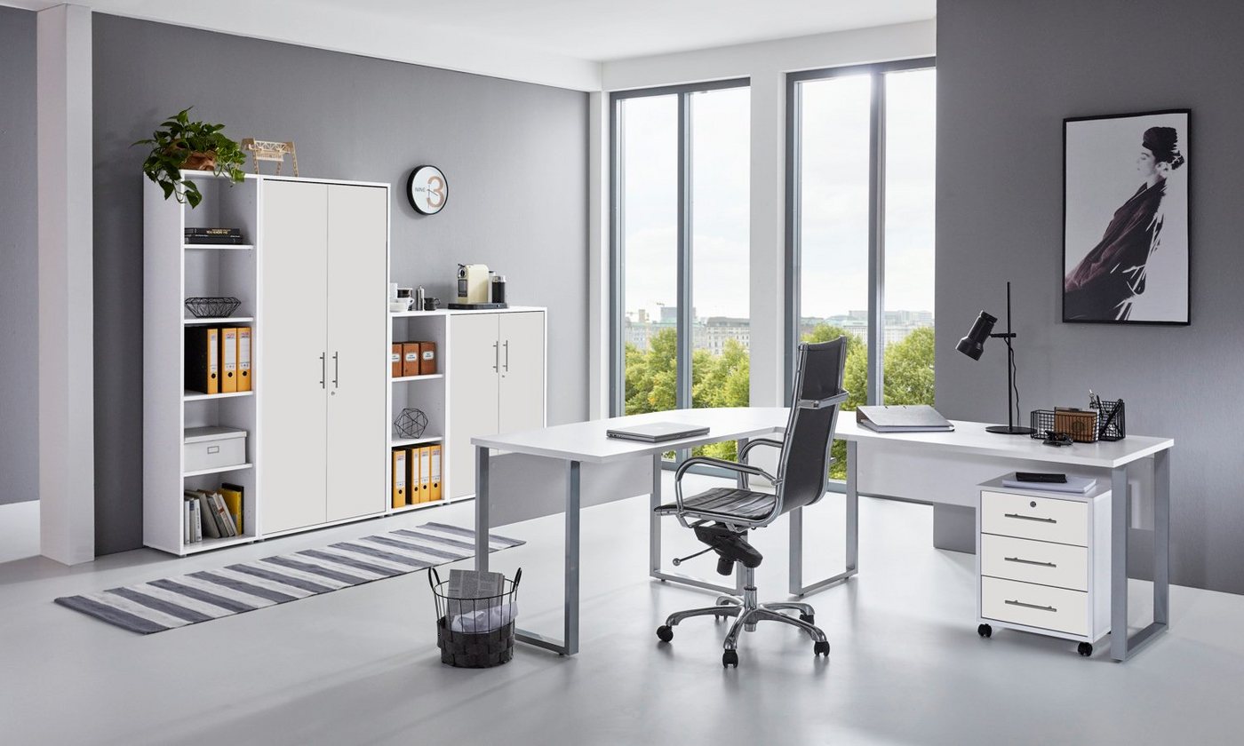 moebel-dich-auf Büromöbel-Set OFFICE EDITION, (abschließbar, 6-tlg., Set 4 + Winkelschreibtisch + Rollcontainer + Aktenschränke), abschließbare Büroschränke von moebel-dich-auf
