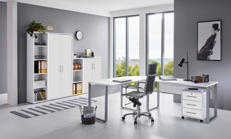 moebel-dich-auf Büromöbel-Set OFFICE EDITION, (abschließbar, 6-tlg., Set 4 + Winkelschreibtisch + Rollcontainer + Aktenschränke), abschließbare Büroschränke von moebel-dich-auf