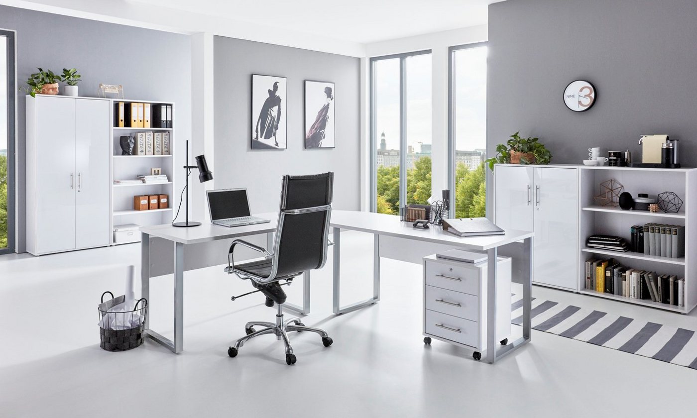 moebel-dich-auf Büromöbel-Set OFFICE EDITION Set 1, (abschließbar, 7-tlg., Schreibtisch + Rollcontainer + Aktenschränke + Regale), Hochglanz lackierte Fronten mit Metallgriffen von moebel-dich-auf