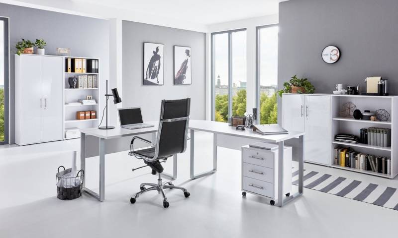 moebel-dich-auf Büromöbel-Set OFFICE EDITION Set 1, (abschließbar, 7-tlg., Schreibtisch + Rollcontainer + Aktenschränke + Regale), Hochglanz lackierte Fronten mit Metallgriffen von moebel-dich-auf