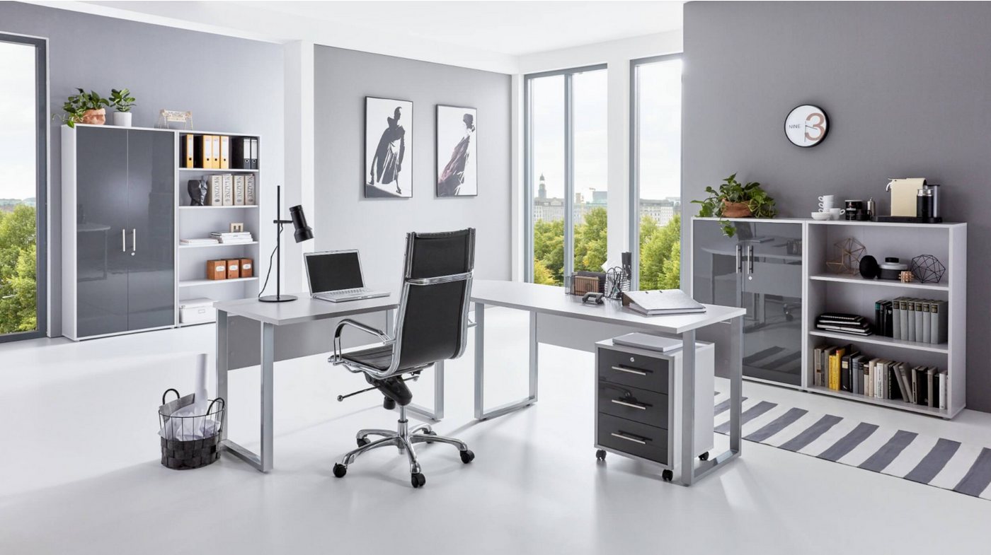 moebel-dich-auf Aktenschrank OFFICE EDITION Set 1 (Büromöbel-Set abschließbar, 7-St., Schreibtisch + Rollcontainer + Aktenschränke + Regale) Hochglanz lackierte Fronten mit Metallgriffen von moebel-dich-auf