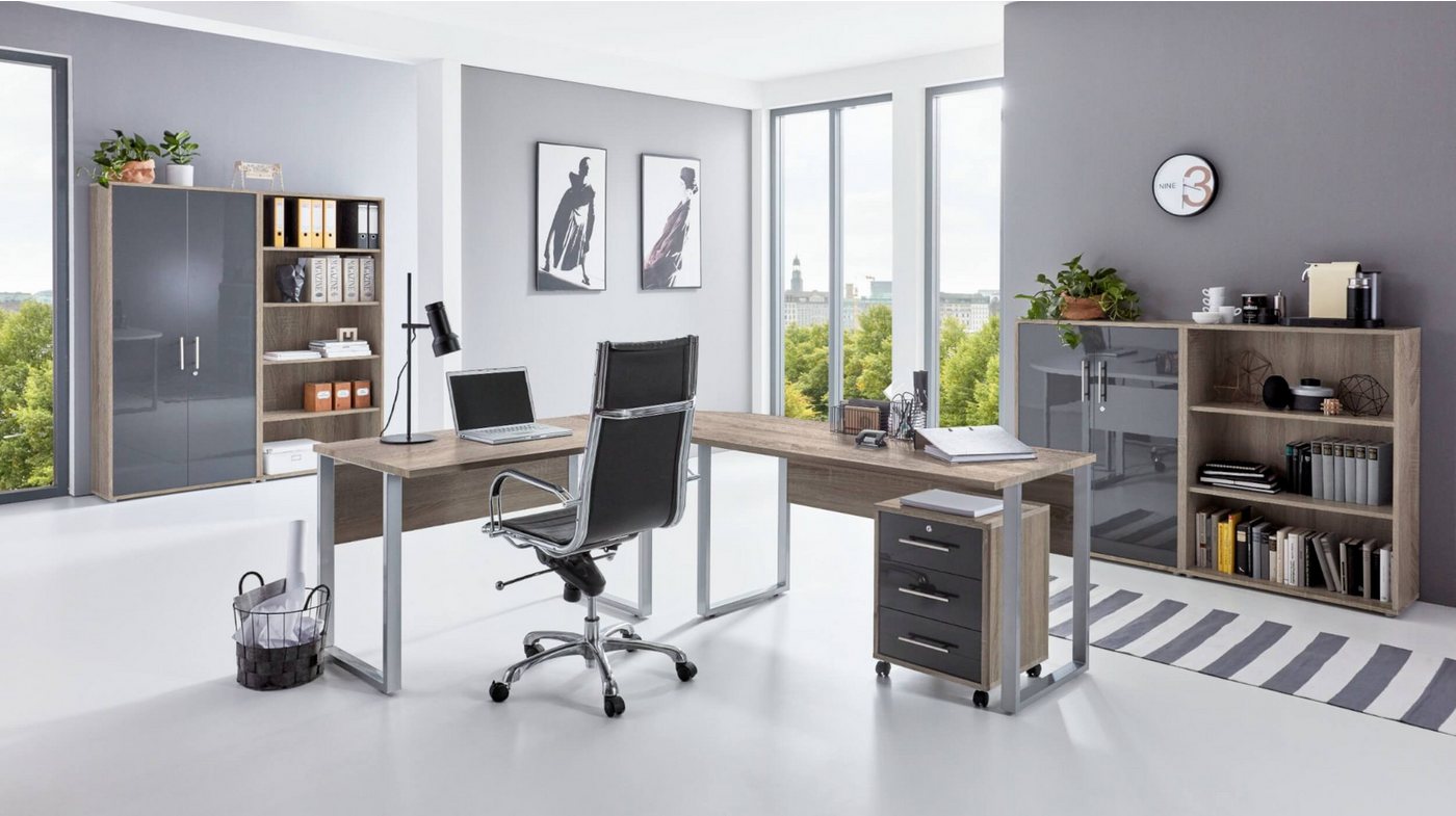 moebel-dich-auf Büromöbel-Set OFFICE EDITION Set 1, (abschließbar, 7-tlg., Schreibtisch + Rollcontainer + Aktenschränke + Regale), Hochglanz lackierte Fronten mit Metallgriffen von moebel-dich-auf