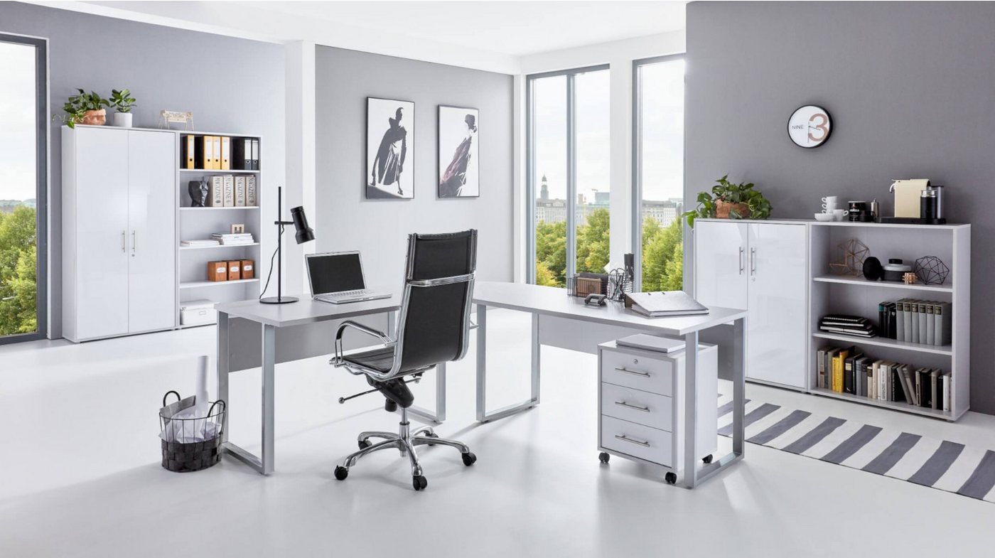 moebel-dich-auf Büromöbel-Set OFFICE EDITION Set 1, (abschließbar, 7-tlg., Schreibtisch + Rollcontainer + Aktenschränke + Regale), Hochglanz lackierte Fronten mit Metallgriffen von moebel-dich-auf