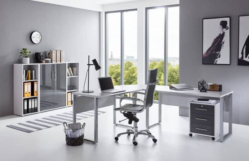 moebel-dich-auf Büromöbel-Set OFFICE EDITION Set 2, (Aktenschränke abschließbar, 5-tlg., Set 2 Winkelschreibtisch + Rollcontainer + Highboard + Aktenregale), Hochglanz lackierte Fronten, Metallgriffe von moebel-dich-auf