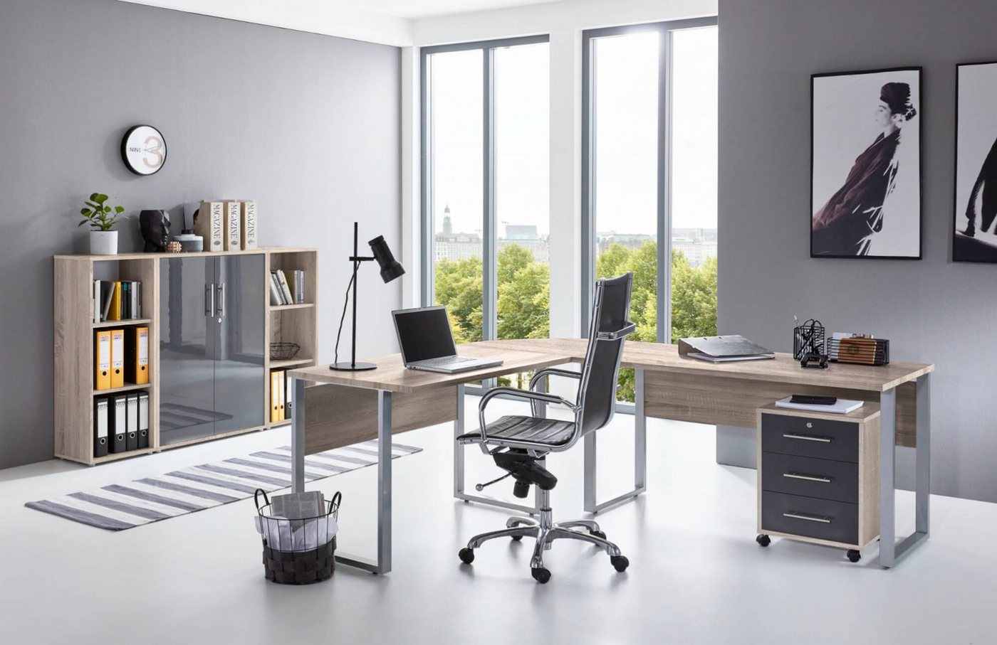 moebel-dich-auf Büromöbel-Set OFFICE EDITION Set 2, (Aktenschränke abschließbar, 5-tlg., Set 2 Winkelschreibtisch + Rollcontainer + Highboard + Aktenregale), Hochglanz lackierte Fronten, Metallgriffe von moebel-dich-auf