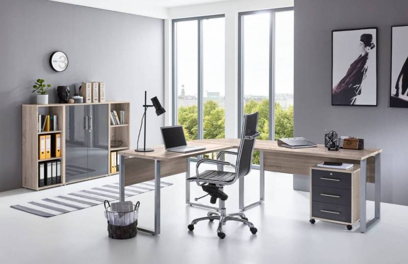 moebel-dich-auf Büromöbel-Set OFFICE EDITION Set 2, (Aktenschränke abschließbar, 5-tlg., Set 2 Winkelschreibtisch + Rollcontainer + Highboard + Aktenregale), Hochglanz lackierte Fronten, Metallgriffe von moebel-dich-auf