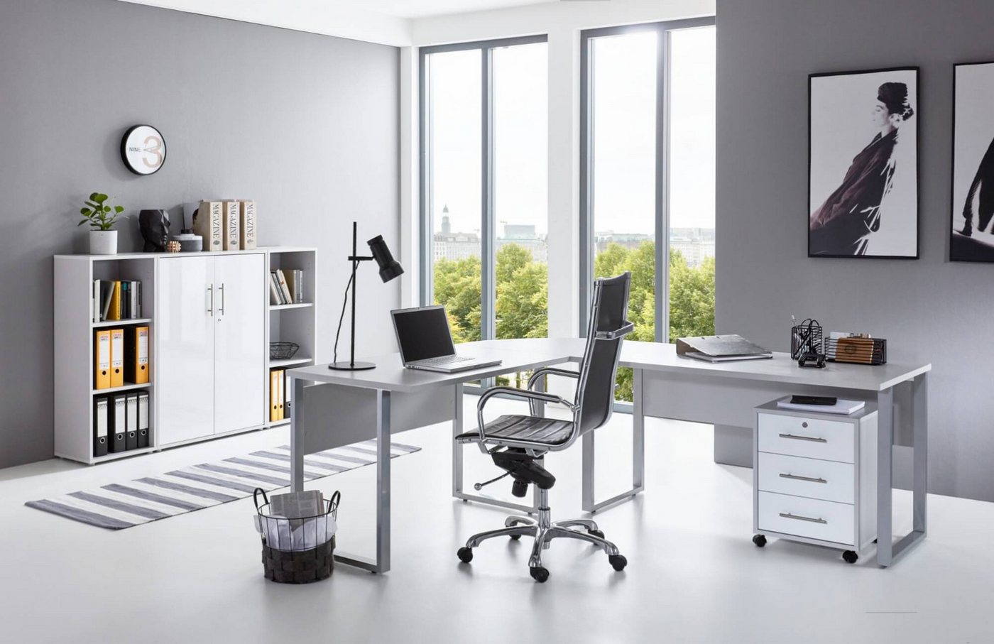 moebel-dich-auf Büromöbel-Set OFFICE EDITION Set 2, (Aktenschränke abschließbar, 5-tlg., Set 2 Winkelschreibtisch + Rollcontainer + Highboard + Aktenregale), Hochglanz lackierte Fronten, Metallgriffe von moebel-dich-auf