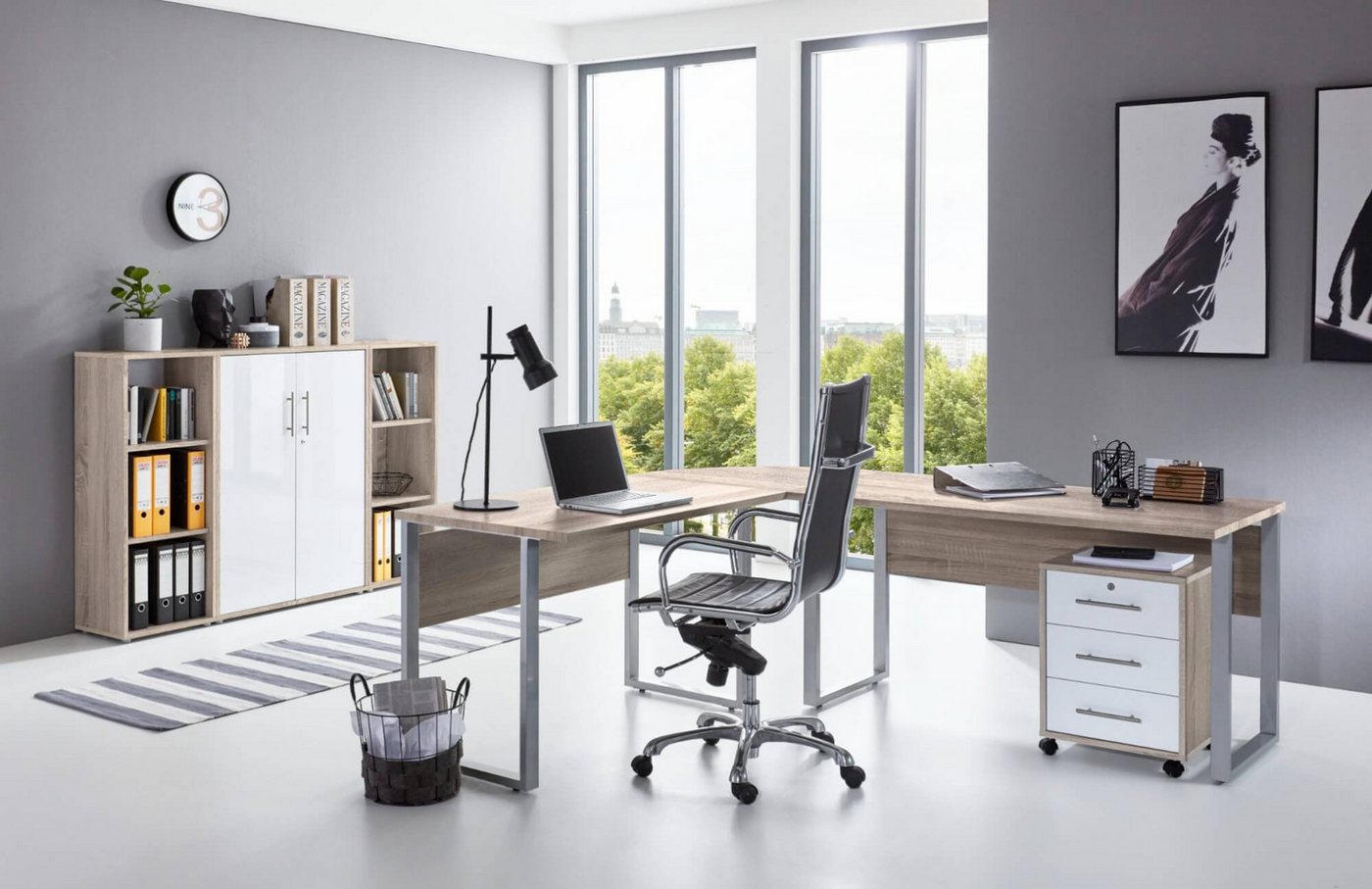 moebel-dich-auf Büromöbel-Set OFFICE EDITION Set 2, (Aktenschränke abschließbar, 5-tlg., Set 2 Winkelschreibtisch + Rollcontainer + Highboard + Aktenregale), Hochglanz lackierte Fronten, Metallgriffe von moebel-dich-auf