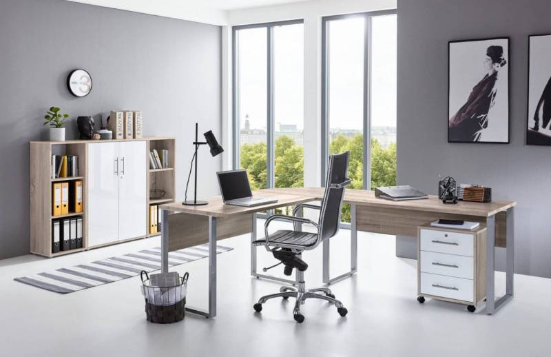 moebel-dich-auf Büromöbel-Set OFFICE EDITION Set 2, (Aktenschränke abschließbar, 5-tlg., Set 2 Winkelschreibtisch + Rollcontainer + Highboard + Aktenregale), Hochglanz lackierte Fronten, Metallgriffe von moebel-dich-auf