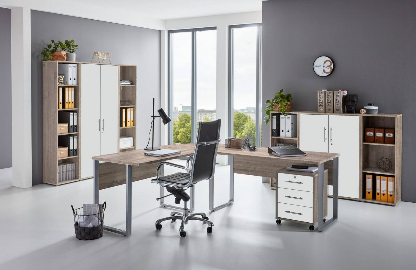 moebel-dich-auf Büromöbel-Set OFFICE EDITION Set 5, (abschließbar, 9-tlg., Schreibtisch + Rollcontainer + Aktenschränke + Regale), Metallgriffe von moebel-dich-auf