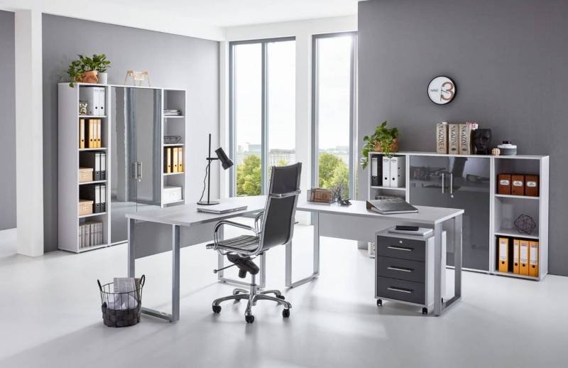 moebel-dich-auf Büromöbel-Set OFFICE EDITION Set 5, (abschließbar, 9-tlg., Schreibtisch + Rollcontainer + Aktenschränke + Regale), Metallgriffe von moebel-dich-auf