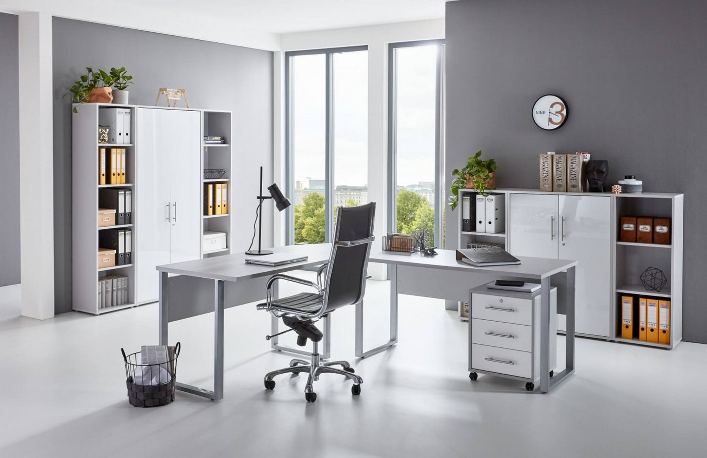 moebel-dich-auf Büromöbel-Set OFFICE EDITION Set 5, (abschließbar, 9-tlg., Schreibtisch + Rollcontainer + Aktenschränke + Regale), Metallgriffe von moebel-dich-auf