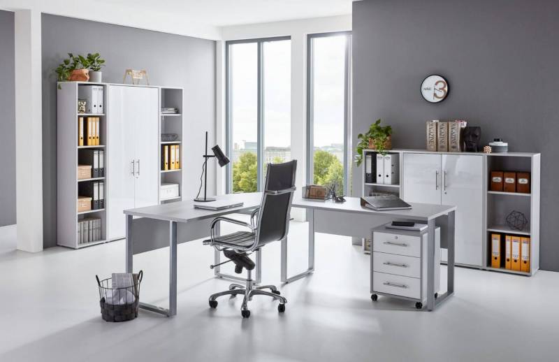 moebel-dich-auf Büromöbel-Set OFFICE EDITION Set 5, (abschließbar, 9-tlg., Schreibtisch + Rollcontainer + Aktenschränke + Regale), Metallgriffe von moebel-dich-auf
