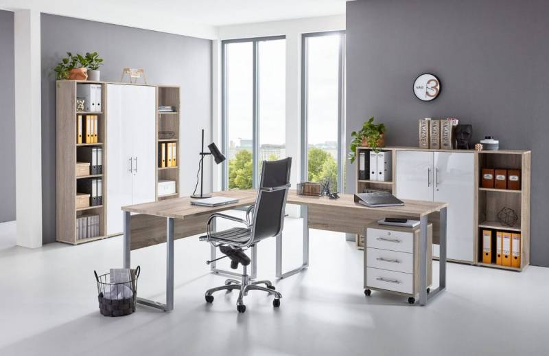 moebel-dich-auf Büromöbel-Set OFFICE EDITION Set 5, (abschließbar, 9-tlg., Schreibtisch + Rollcontainer + Aktenschränke + Regale), Metallgriffe von moebel-dich-auf