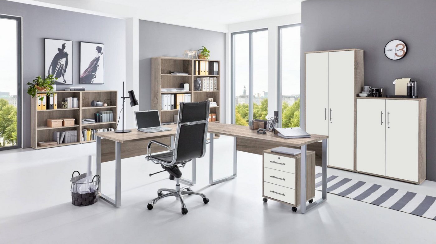 moebel-dich-auf Aktenschrank OFFICE EDITION Set 6 (Büromöbel-Set Aktenschränke abschließbar, Schreibtisch + Rollcontainer + Aktenschränke + Regale) Metallgriffe von moebel-dich-auf