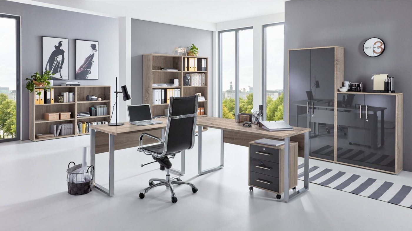 moebel-dich-auf Aktenschrank OFFICE EDITION Set 6 (abschließbar, Schreibtisch + Rollcontainer + Aktenschränke + Regale) Metallgriffe von moebel-dich-auf