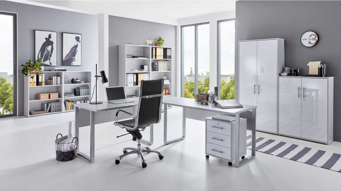 moebel-dich-auf Aktenschrank OFFICE EDITION Set 6 (abschließbar, Schreibtisch + Rollcontainer + Aktenschränke + Regale) Metallgriffe von moebel-dich-auf
