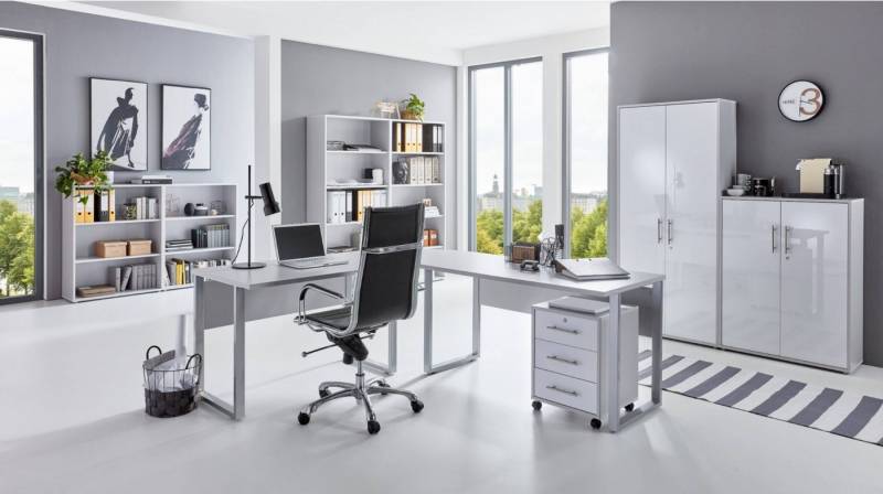 moebel-dich-auf Aktenschrank OFFICE EDITION Set 6 (abschließbar, Schreibtisch + Rollcontainer + Aktenschränke + Regale) Metallgriffe von moebel-dich-auf