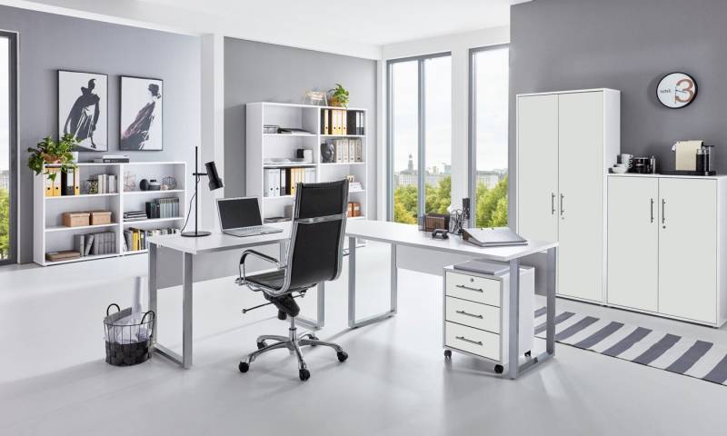 moebel-dich-auf Aktenschrank OFFICE EDITION Set 6 (abschließbar, Schreibtisch + Rollcontainer + Aktenschränke + Regale) Metallgriffe von moebel-dich-auf