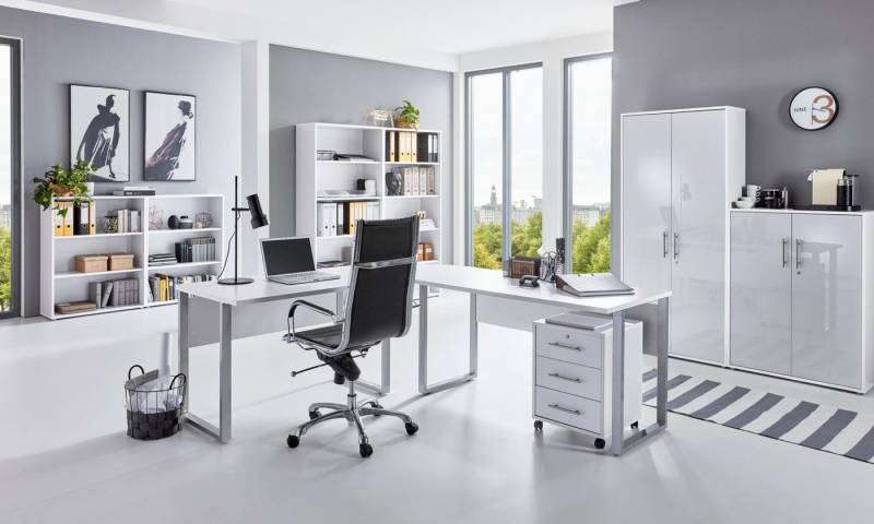 moebel-dich-auf Aktenschrank OFFICE EDITION Set 6 (abschließbar, Schreibtisch + Rollcontainer + Aktenschränke + Regale) Metallgriffe von moebel-dich-auf