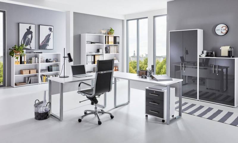 moebel-dich-auf Aktenschrank OFFICE EDITION Set 6 (abschließbar, Schreibtisch + Rollcontainer + Aktenschränke + Regale) Metallgriffe von moebel-dich-auf