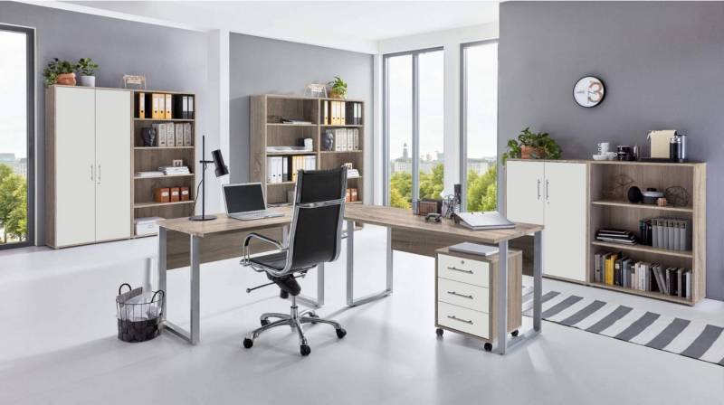 moebel-dich-auf Büromöbel-Set OFFICE EDITION Set 7, (abschließbar, 8-tlg., Schreibtisch + Rollcontainer + Büroschrank + Regale), Metallgriffe von moebel-dich-auf