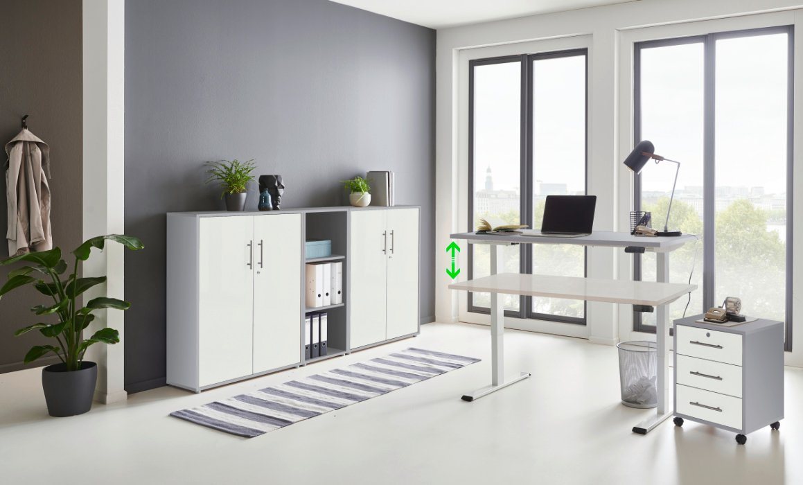 moebel-dich-auf Aktenschrank e-OFFICE EDITION (Büromöbel-Set, Aktenschränke abschließbar, Made in Germany, Set 8) mit elektrisch, höhenverstellbarem Schreibtisch, Rollcontainer von moebel-dich-auf