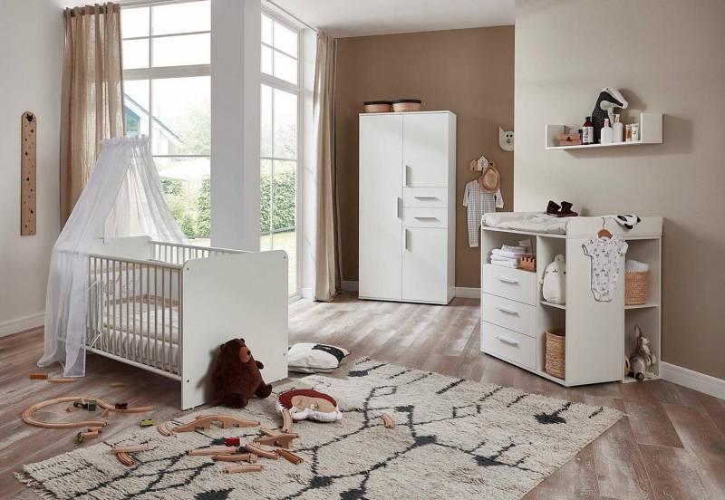 moebel-dich-auf Babymöbel-Set ALIYA 2, (in weiß, Babybett + Wickelkommode + Unterbauregal-Set + Kleiderschrank 3-türig), optional mit Matratze, Umbauseiten-Set oder Textil-Set von moebel-dich-auf