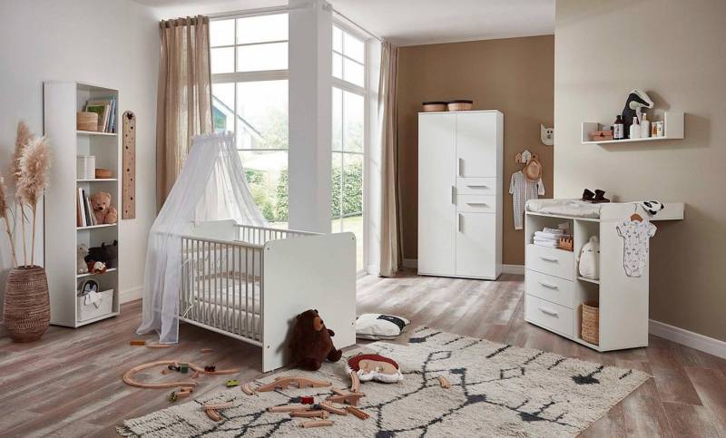 moebel-dich-auf Babymöbel-Set ALIYA 3, (in weiß, Babybett + Wickelkommode + Kleiderschrank + Regal), optional mit Matratze, Umbauseiten-Set oder Textil-Set von moebel-dich-auf