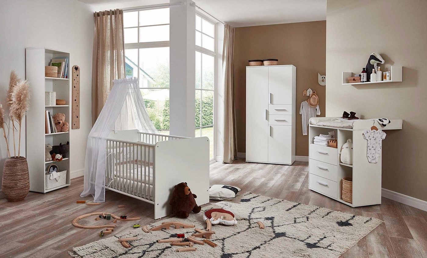 moebel-dich-auf Babyzimmer-Komplettset ALIYA 3, (in weiß, Babybett + Wickelkommode + Kleiderschrank + Regal), optional mit Matratze, Umbauseiten-Set oder Textil-Set von moebel-dich-auf