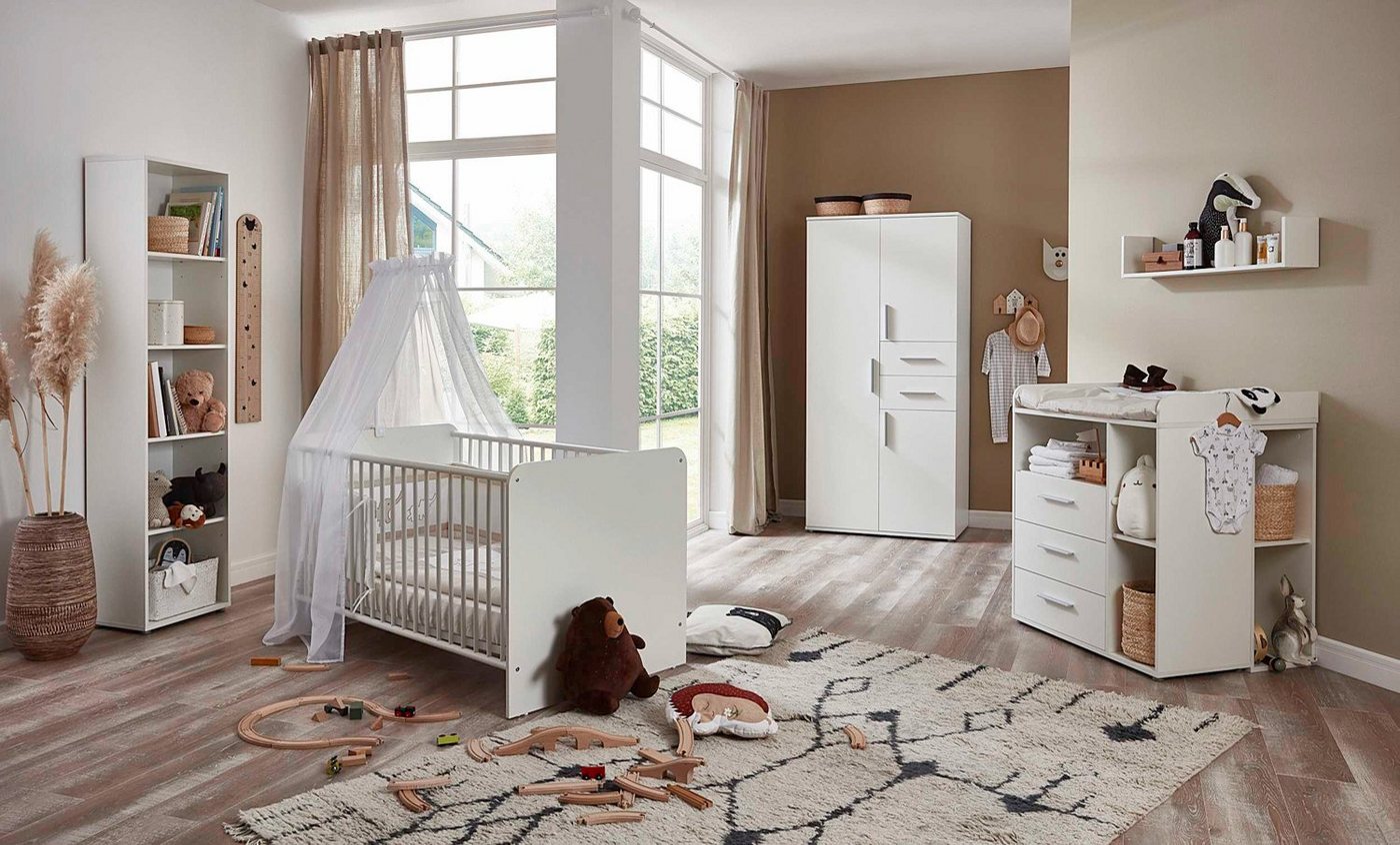 moebel-dich-auf Babymöbel-Set ALIYA 4, (in weiß, Babybett + Wickelkommode + Unterbauregal-Set + Kleiderschrank + Regal), optional mit Matratze, Umbauseiten-Set oder Textil-Set von moebel-dich-auf